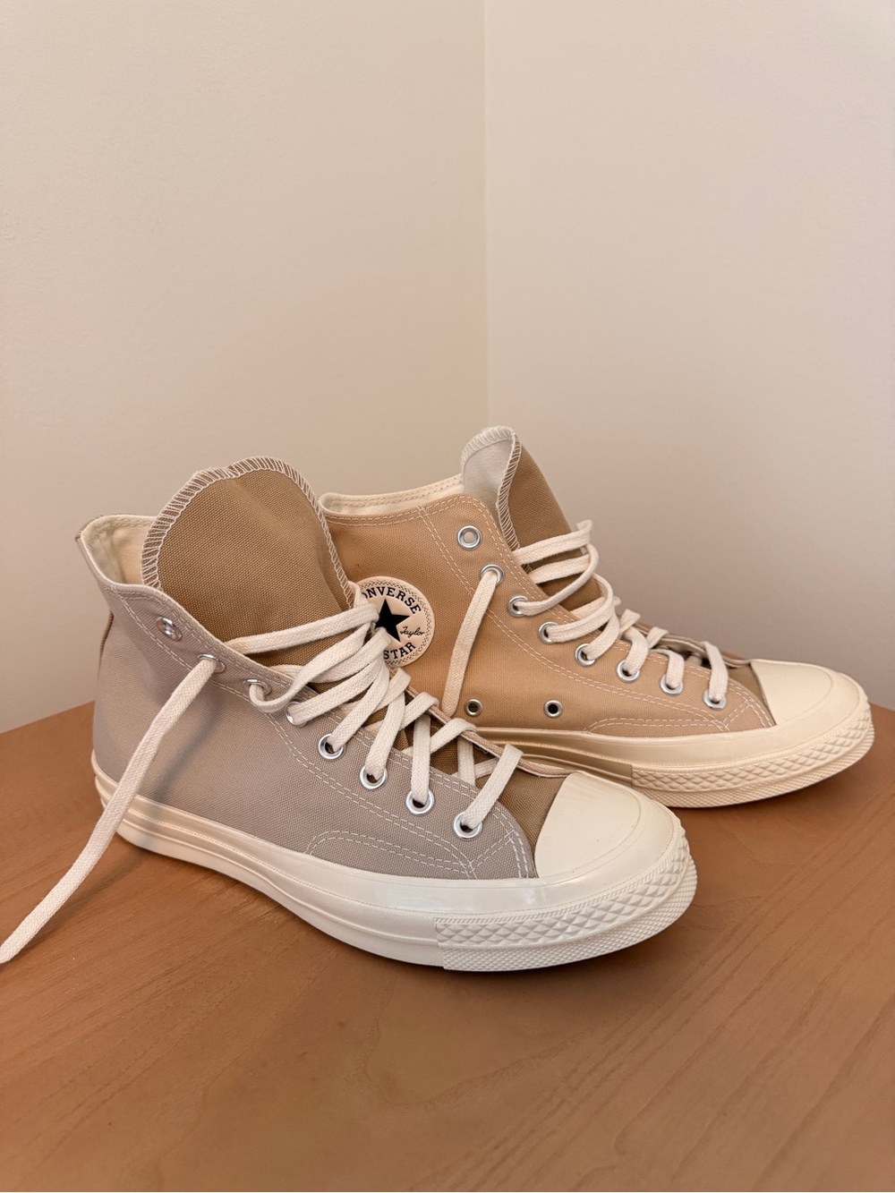 Converse Two-Tone High Top Sneakers in Beige and Light Gray Womens 8.5